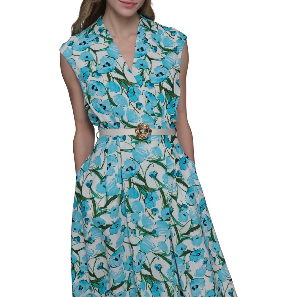 NWT KARL LAGERFELD Linen Blend Floral V Neck Cap Sleeve Belted Blouson Dress 6